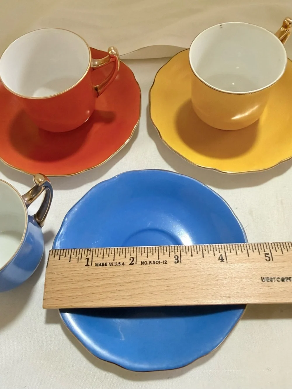 Vintage Lot of 3 Gold Castle Made In Japan Tea Cups Yellow Orange Blue Rare Sets